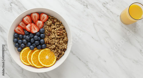 Delightful breakfast bowl featuring fresh fruits, granola and orange juice display