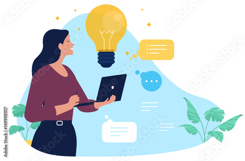 Woman with great idea - Female developer person coming up with new creative ideas and innovating holding laptop computer in hands. Flat design vector illustration on white background