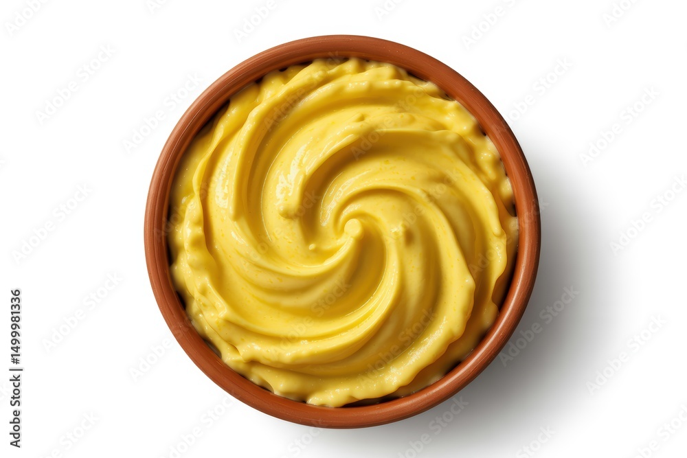 Fototapeta premium Top View of Creamy Yellow Dessert Swirl in Brown Bowl on White Backdrop Smooth Texture and Rich Color for Culinary Presentation and Sweet Treat