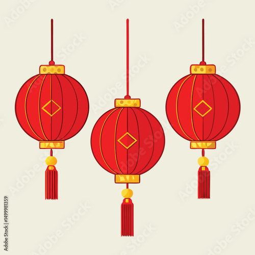Three Traditional Red Chinese Lanterns with Gold Accents