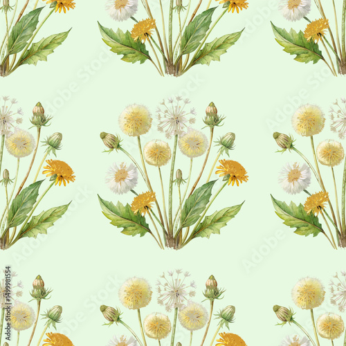 Dandelion Classic Realistic Vatercolor Botanical Seamless Vector Pattern