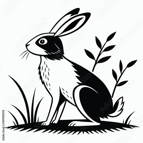Black and White Illustration of a Hare in Grass
