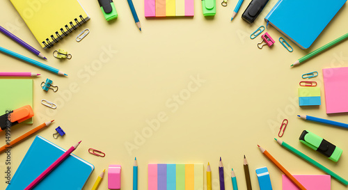 Creative workspace with stationery items forming a frame on yellow background