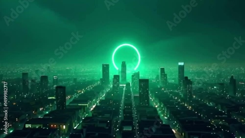 Aerial Cityscape View with Glowing Circle Above Skyscrapers - Futuristic Concept