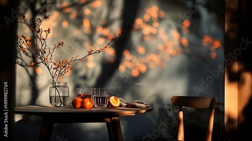 Sunlit outdoor scene featuring a wooden table with oranges, glassware, and a floral arrangement