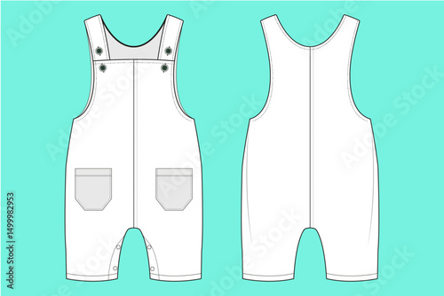 Infant Toddler Baby Black and White Romper One Piece Jumpsuit technical drawing fashion flat sketch CAD mockup front and back views.