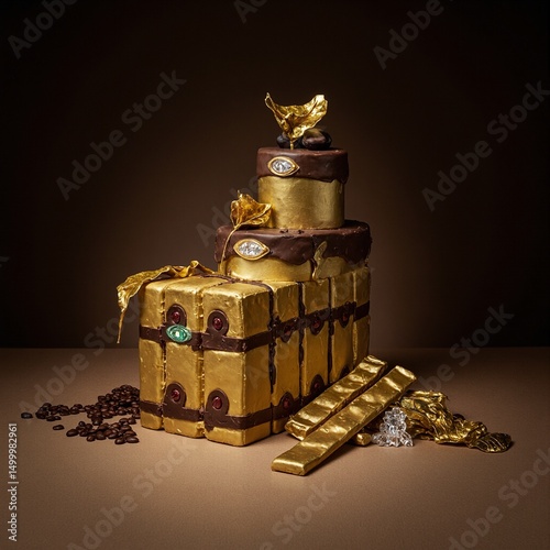 Indulgent gold bar cake with chocolate tiers edible gold leaf and coffee bean accents Luxurious watch and diamond props on dark background photo