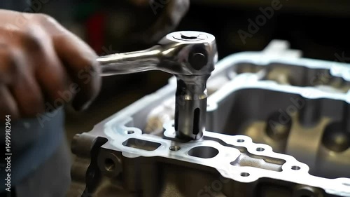 Mechanic Using Wrench to Repair Engine Part in Workshop