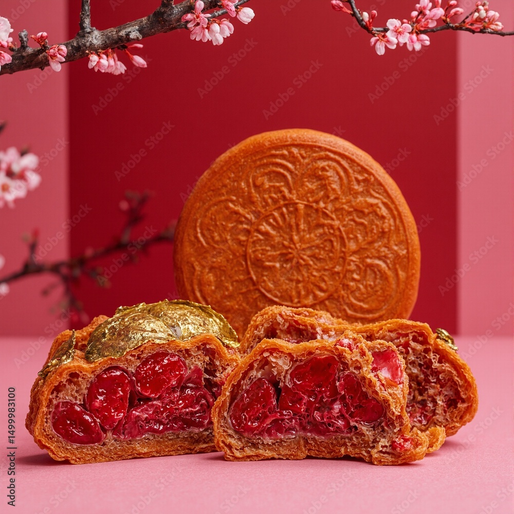 Obraz premium Exquisite mooncake with lotus paste gold leaf and red bean filling set against a crimson backdrop with delicate cherry blossoms