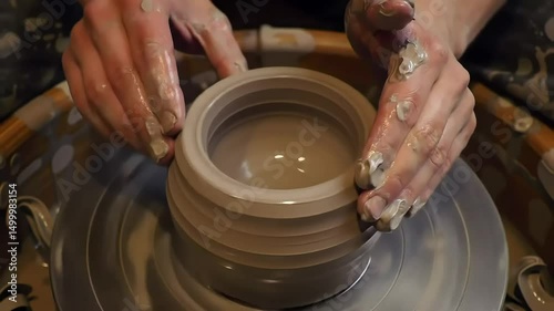 Hands Shaping Pottery Clay on Wheel During Ceramic Art Creation