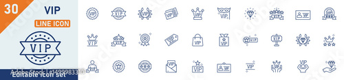 VIP line icon set. Set of 30 outline icons related to exclusive, crown, vip card, benefit, best, VIP service, diamond and others. Editable stroke. Vector illustration.