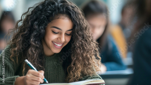 Smiling student writing in a journal during a quiet classroom moment