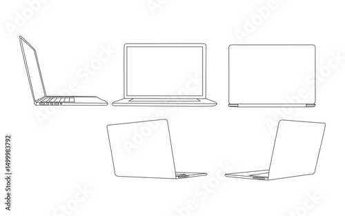 Modern Laptop Vector Illustration – Line Art Style. Minimal Outline Drawing of Laptops – Multiple Angles.
Vector Set of Laptop Sketches – Front, Side, Back Views.