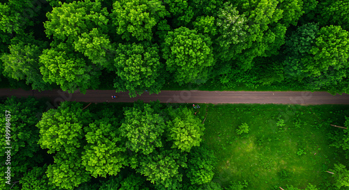 Aerial perspective of lush forest canopy with intersecting pathway scenery
