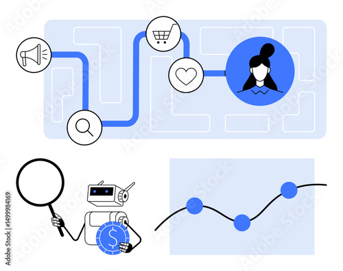 Robot analyzing data, user path with icons for e-commerce, love, search, speaker, and graph. Ideal for analytics, digital marketing, AI solutions audience targeting e-commerce strategy user