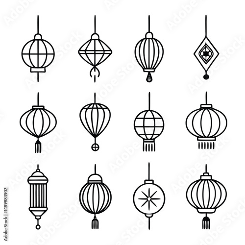 Collection of Twelve Hanging Lantern Line Art Designs