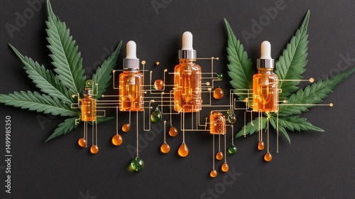 Three amber glass bottles of cannabis oil nestled between hemp leaves, connected by abstract lines and falling drops