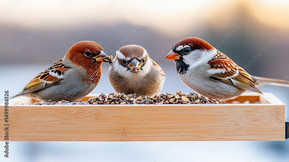 Fototapeta premium Three small birds, brown and gray plumage, feed from a rectangular wooden tray filled with seeds against a blurred background
