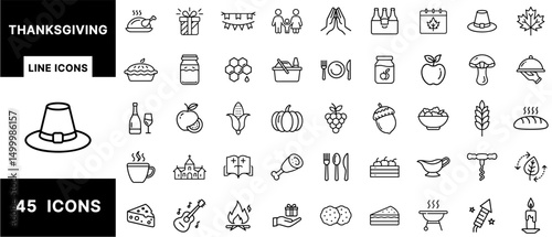 Thanksgiving Line Icon Set Featuring Holiday Feast, Autumn Harvest, Pumpkin Pie, Turkey Dinner, Family Gathering, Gratitude, and Celebration Elements