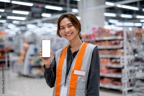 A smiling person in a store holds up a blank phone