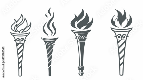 Vector illustration set of burning fire flames, torches, and decorative golden Olympic icons