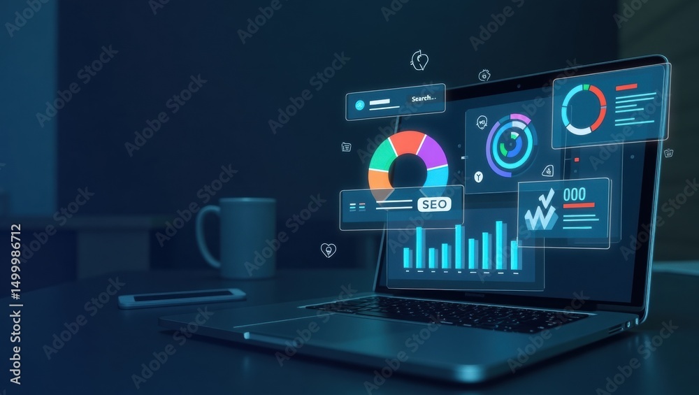 Fototapeta premium Laptop screen displaying various data visualizations.