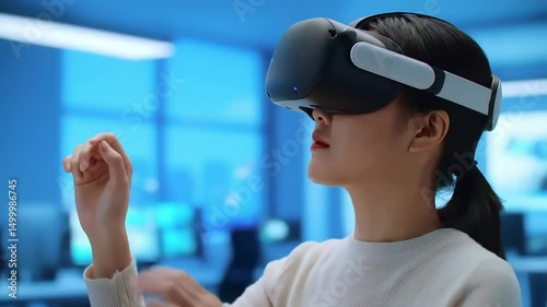 Woman Using Virtual Reality Headset in Modern Office Environment