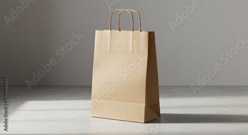Neutral backdrop featuring an upright, elegant paper shopping bag ready for branding