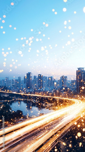 Glowing Metropolis Skyline with Highway Light Trails