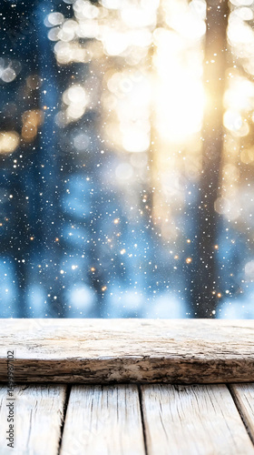 Rustic Wooden Table with Winter Bokeh Background for Product Display