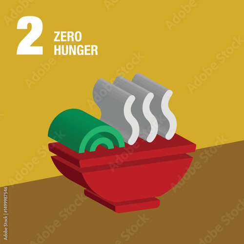 Zero Hunger 3D icon. A bowl of steamed food is served. Sustainable Development global goals concept for non-profit organization. High-quality 3D Render.