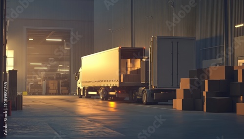 Sunrise in a warehouse, truck unloading boxes