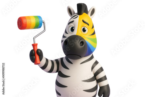 Funny cartoon zebra holding a rainbow paint roller with colorful face paint and confused expression, isolated on transparent background