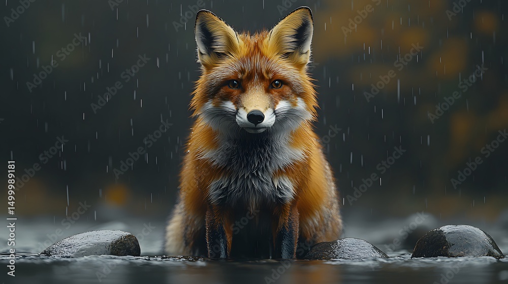 Obraz premium Curious Fox Perched Over Rocks in Peaceful Woodland River