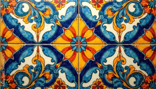 Close-up of intricately patterned Andalusian ceramic tile, showcasing vibrant colors and traditional design , background, floor tile