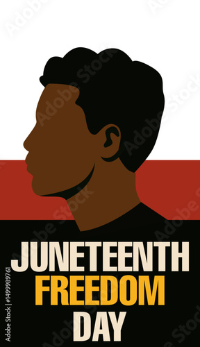 Minimalist Juneteenth Freedom Day design with African American male profile in silhouette style, honoring emancipation and cultural identity