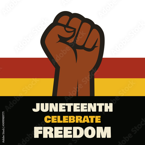 Juneteenth freedom celebration vector with raised fist and Pan-African flag stripes, symbolizing justice, pride, and emancipation of African Americans