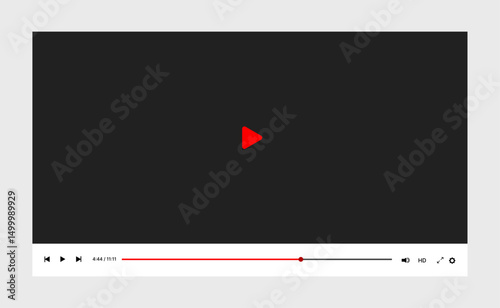Video player UI mockup template with play button, navigation icons, and multimedia window. Modern flat design for web and mobile apps, isolated on transparent background. Vector illustration.	
