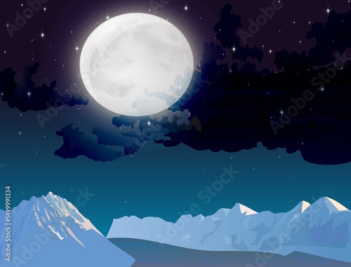 Moon, sky, river, clouds, and mountain image. Night scene. Moonlight photography. Nature landscape.