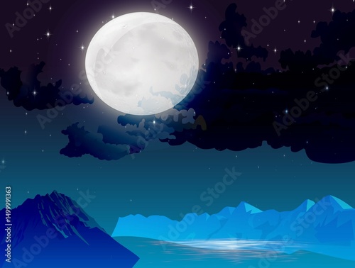 Moon, sky, river, clouds, and mountain image. Night scene. Moonlight photography. Nature landscape.