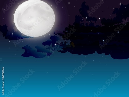 Moon, sky, river, clouds, and mountain image. Night scene. Moonlight photography. Nature landscape.
