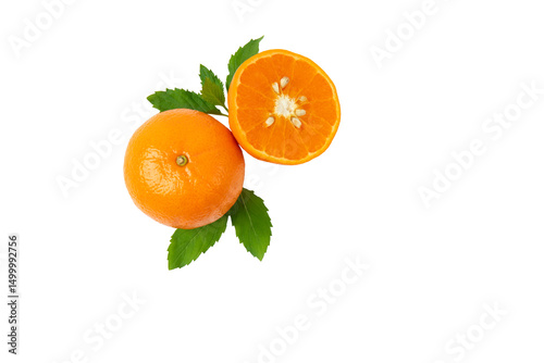 PNG, citrus slices with mint leaves on transparent background, top view