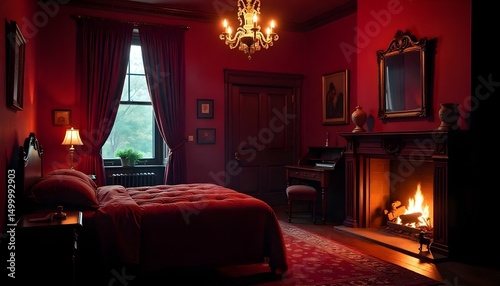 Elegant Victorian bedroom with ornate furniture, rich fabrics, and classic chandeliers .
