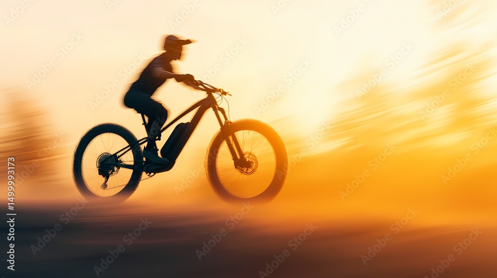 Fototapeta premium Motion blur silhouette of a person riding an electric mountain bike at sunset. Active lifestyle, adventure, and sustainable transportation concept.
