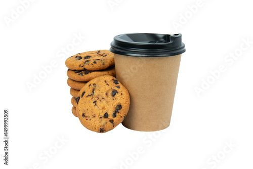 PNG, coffee cup with chocolate cookies isolated, front view