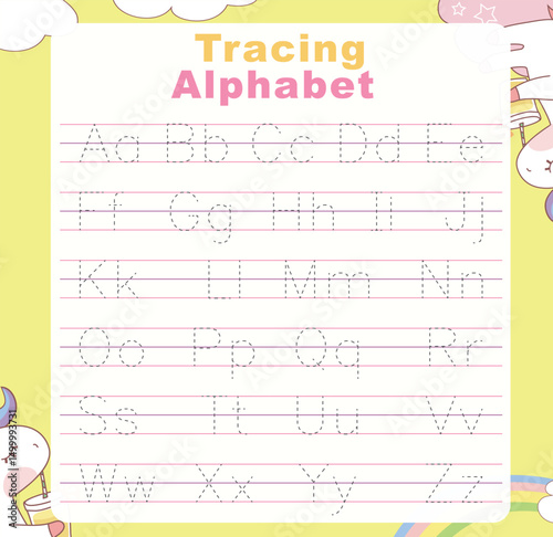 Tracing alphabet letters worksheet with all alphabet letters. ABC alphabet basic tracing practice for kindergarten kids. Printable educational worksheet 