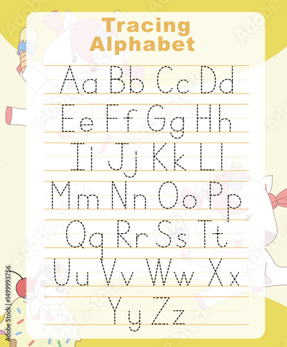 Tracing alphabet letters worksheet with all alphabet letters. ABC alphabet basic tracing practice for kindergarten kids. Printable educational worksheet 