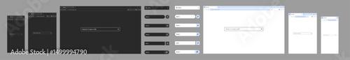 Website mockup template with browser window search bar and frames for PC laptop tablet and mobile. Includes light dark and night modes. Vector illustration for UI and web presentations.