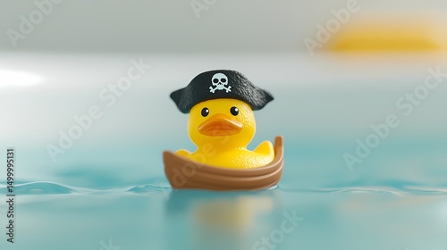 Cute yellow rubber duck wearing a pirate hat sailing on a small boat in blue water.  Concept of adventure, childhood, fun, and playfulness.