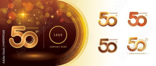 Set of 50th Anniversary logotype design, Fifty years Anniversary Celebrating Logo. Abstract Infinity Round number 50, Infinity loop logo, Gold Infinity multiple Rounded line